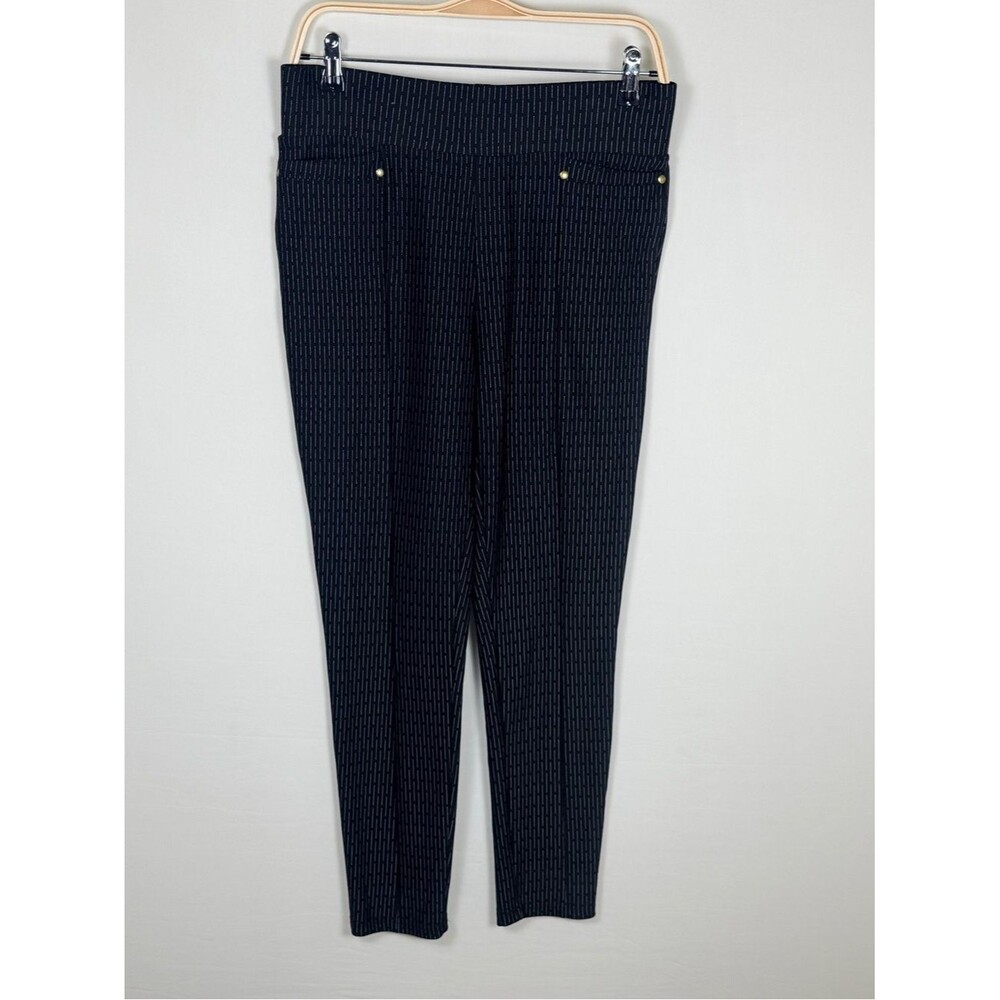Lark & Grey Petite Pull On Slim Pants Navy Dash Print Stretch Workwear PL